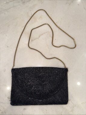 Vintage Black Beaded Evening Crossbody Bag with Gold Chain
